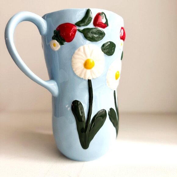 Anthropologie Foster Icon Stoneware Blue Strawberry Floral Jug Pitcher - Picture 4 of 7